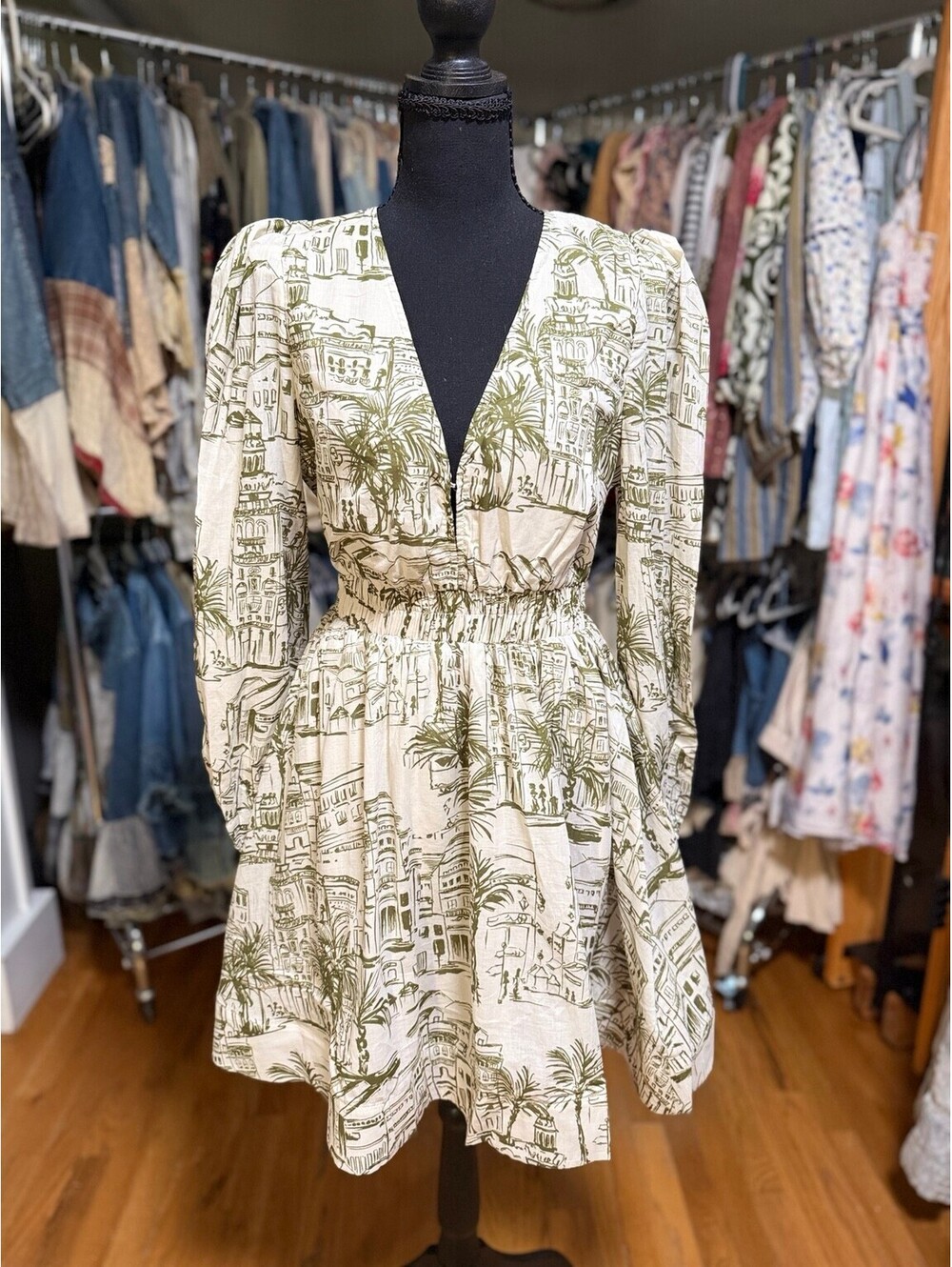 MEET ME IN SANTORINI Olive Sketch Voile Long Sleeve Cotton Mini Dress NWT Large